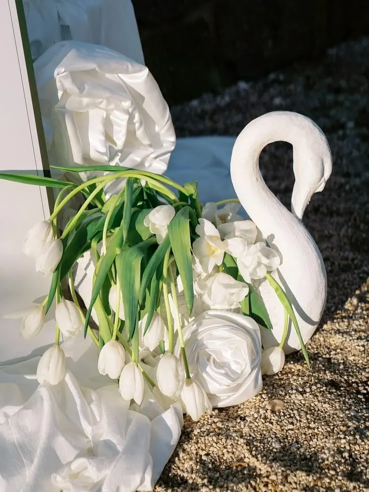White ceremony swan filled with white tulips