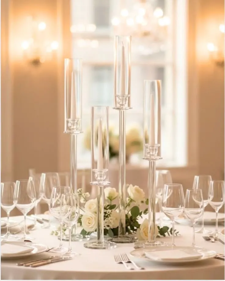 Tall glass candelabras with taper candles on a round reception table
