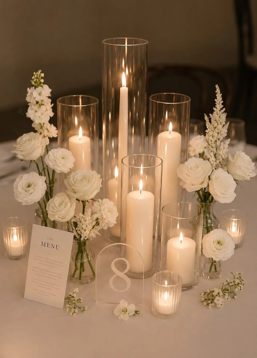 Cluster of pillar and taper candles in glass with white florals on a reception table