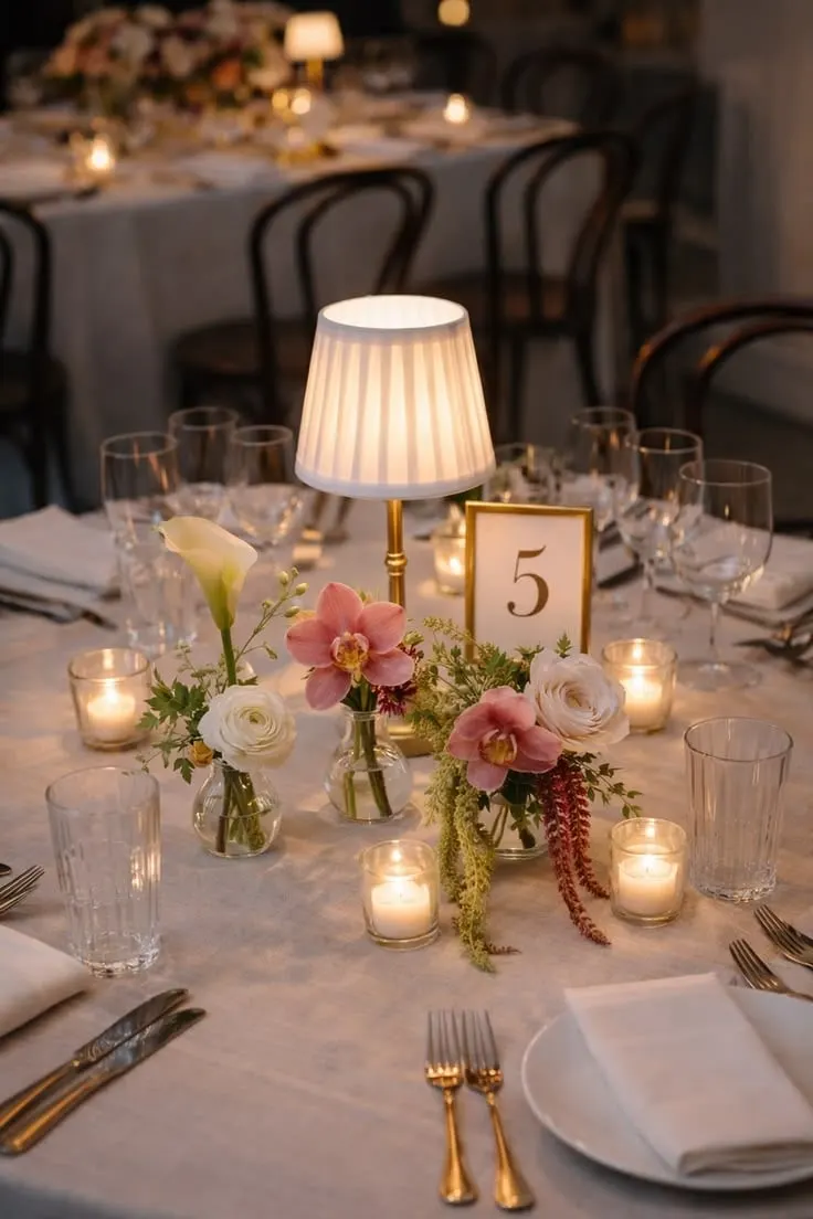 Table lamp with a pleated shade among candles and florals on a reception table