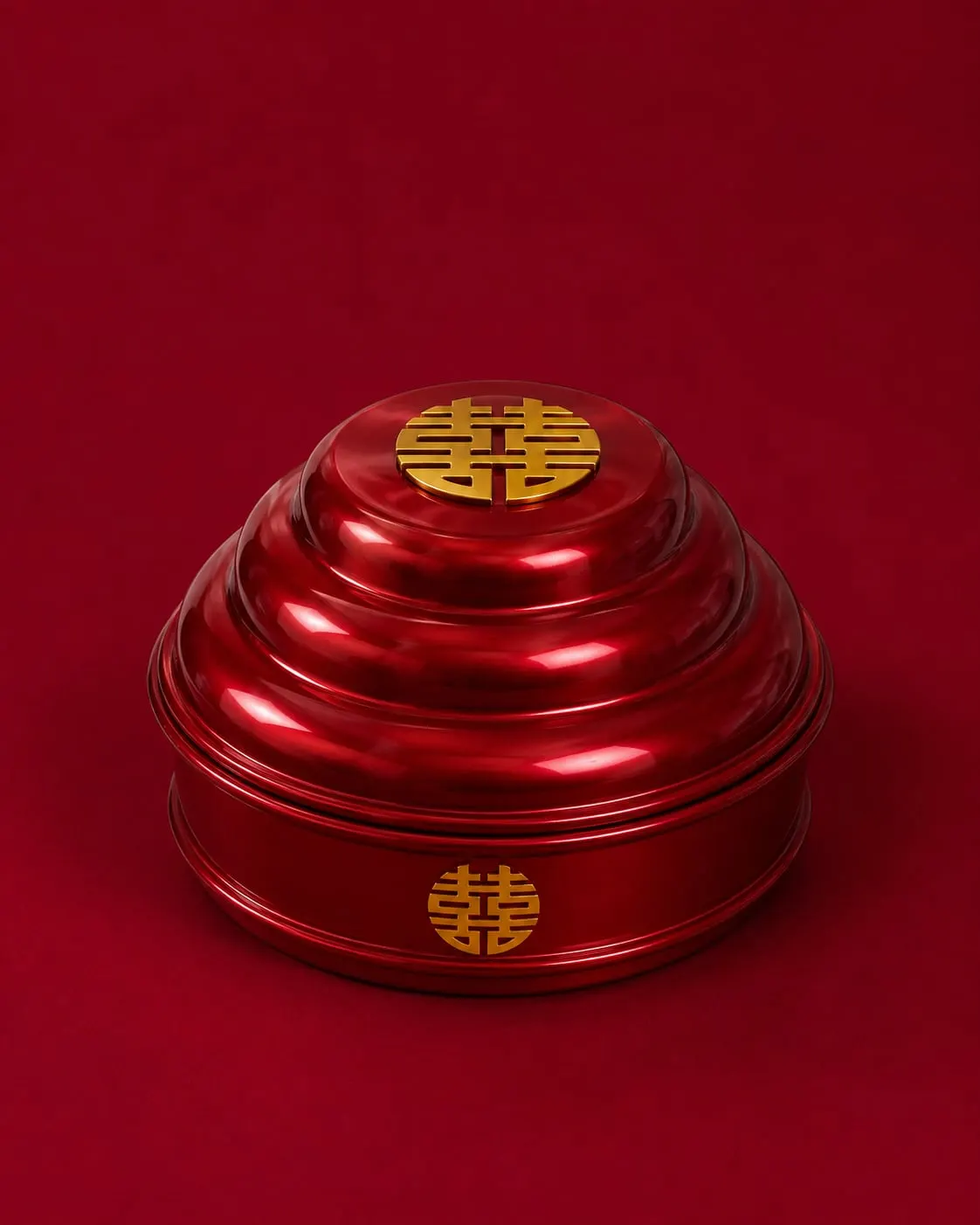 Red tiered Mam Qua gift box with gold double happiness symbols